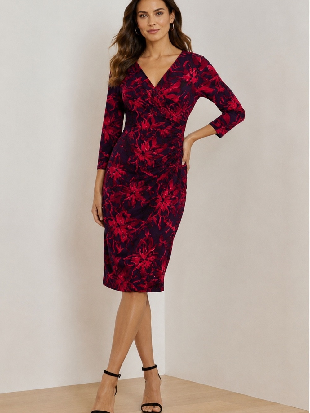 Lauren Ralph Lauren Floral Faux Wrap Dress Size 8 Burgundy Red Ruched Midi